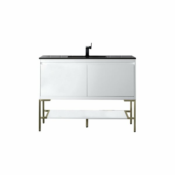 James Martin Vanities 47.3'' Single Vanity, Glossy White, Champagne Brass Base w/ Charcoal Black Composite Stone Top 805-V47.3-GW-CB-CH